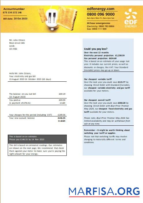 Downloadable United Kingdom EDF Energy electricity and gas utility bill Word and PDF formats download for verification